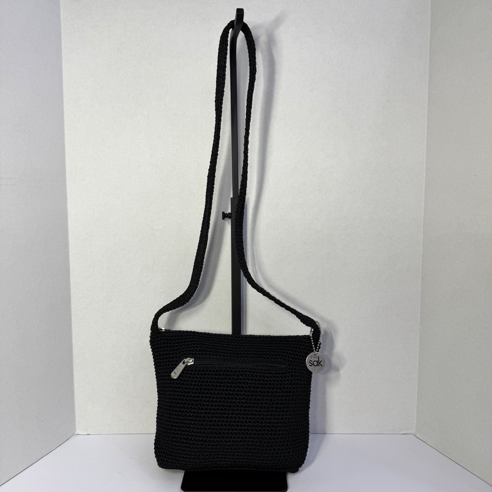 The Sak Black Crochet Crossbody Bag Front Zippered Pocket Small Knit Boho Purse